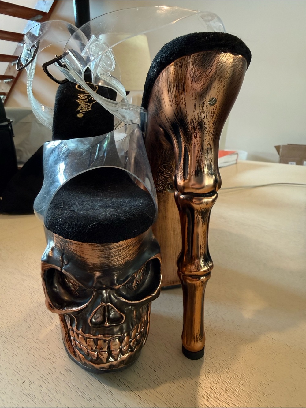 Brand New 8” Light Up Pleaser Bronze Skull Platform Heels